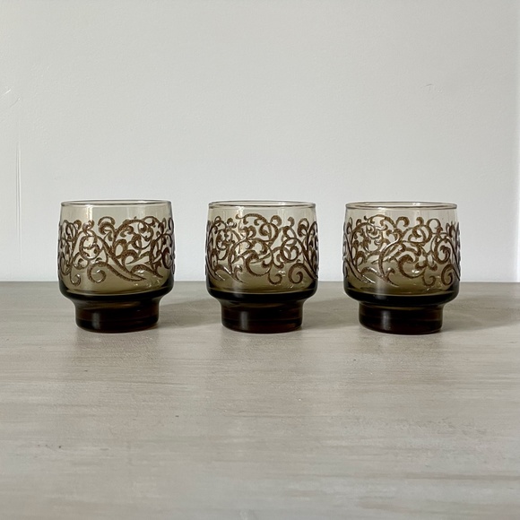 VINTAGE 1970s Libbey Prado Scroll 3 Low Ball Glasses + 3 Wine Glasses - Set of 6 - Picture 3 of 8